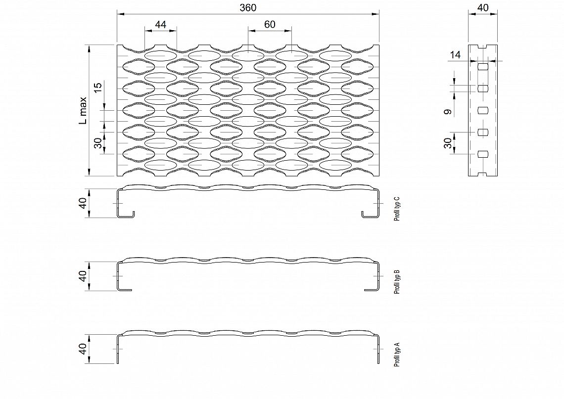 Profilové rošty PSE-360-40/1,5 - nerez V2A (1.4301)-mořená