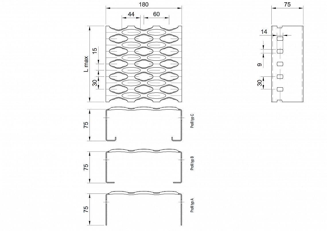 Profilové rošty PSE-180-75/1,5 - nerez V2A (1.4301)-mořená