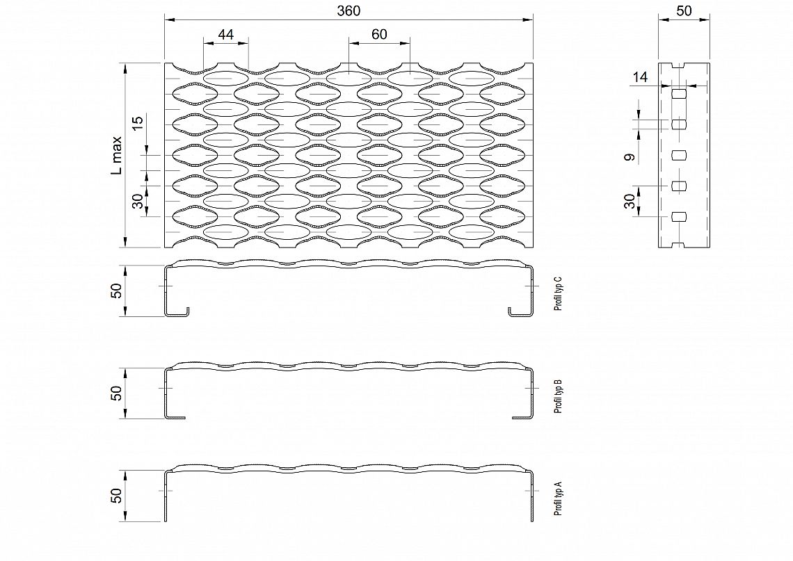 Profilové rošty PSE-360-50/2,5 - nerez V2A (1.4301)-mořená