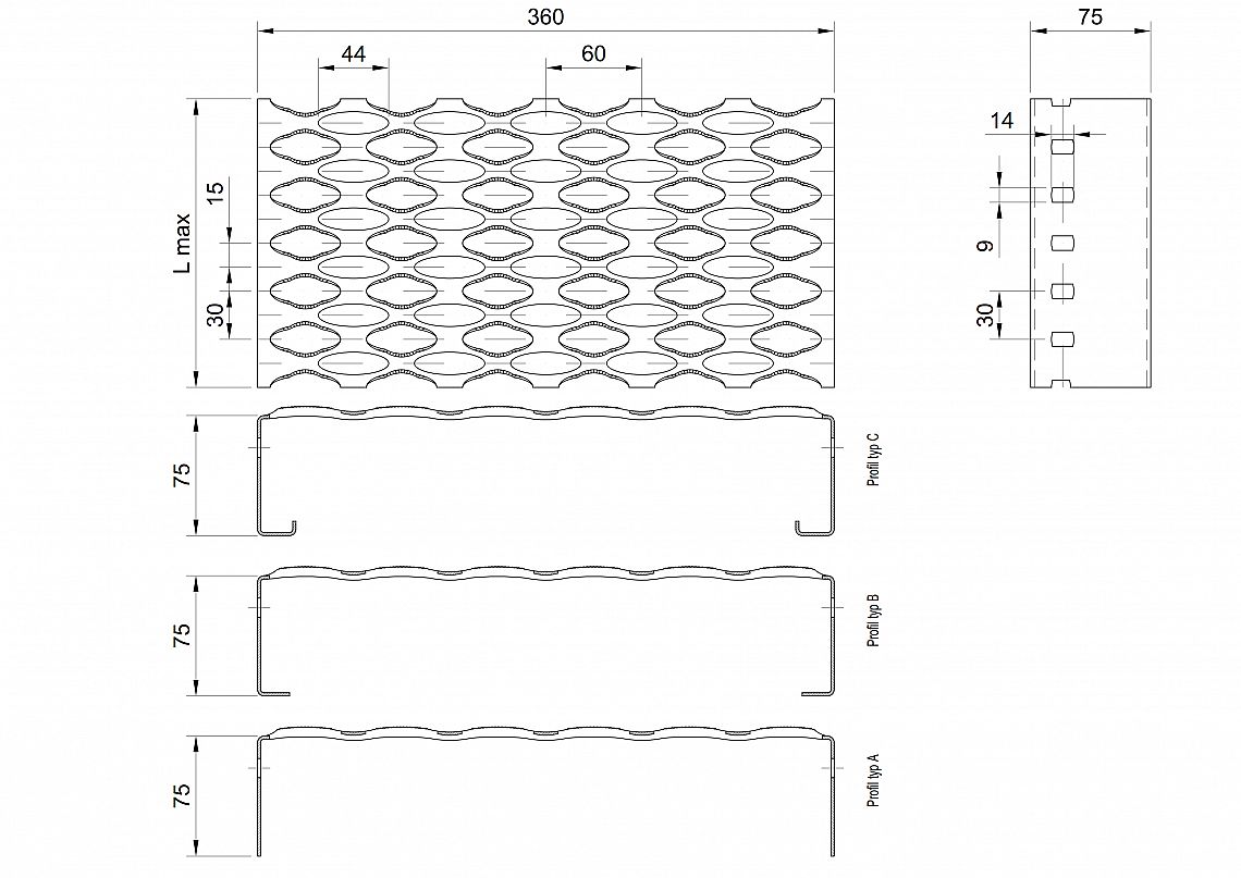 Profilové rošty PSE-360-75/2,5 - nerez V2A (1.4301)-mořená