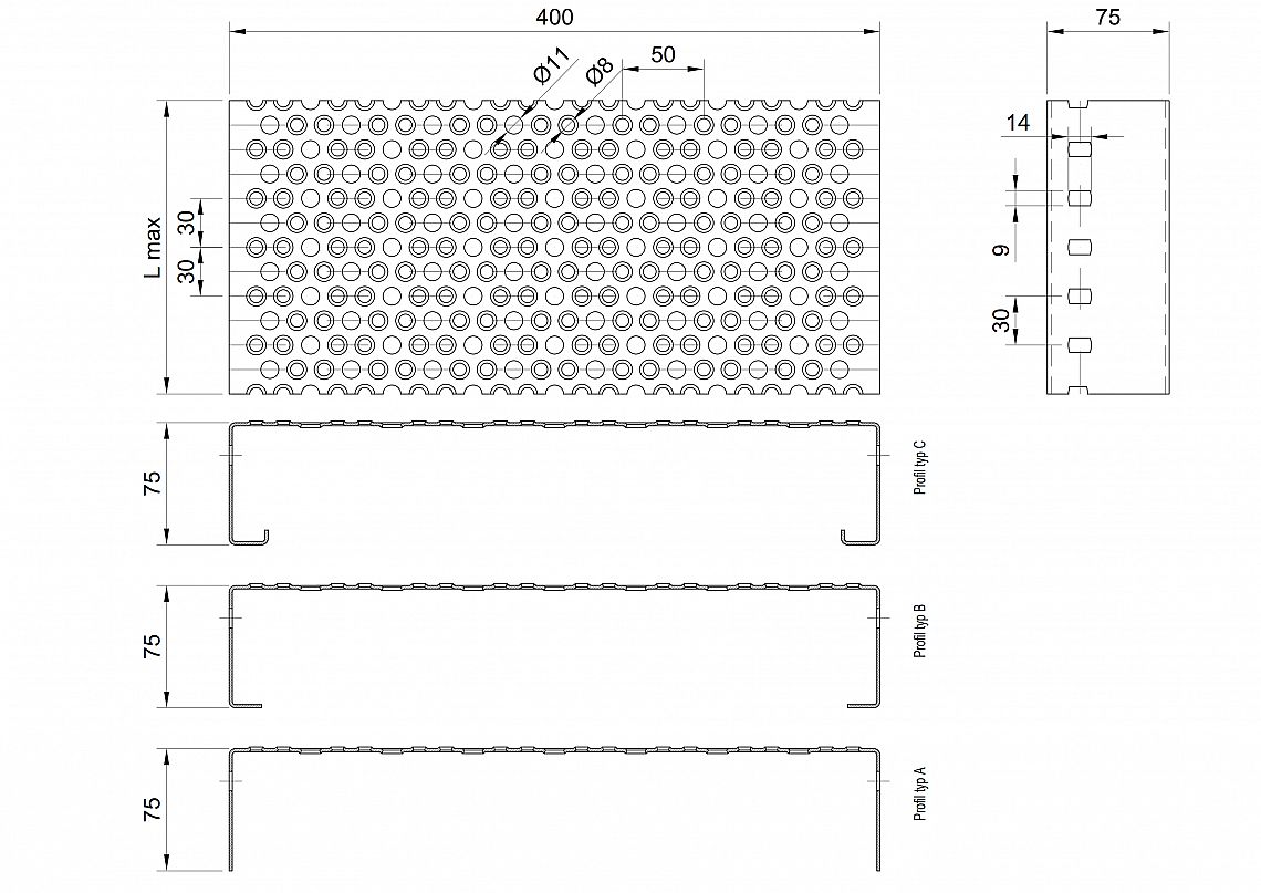 Profilové rošty PRU-400-75/1,5 - ocel-zinkovaná