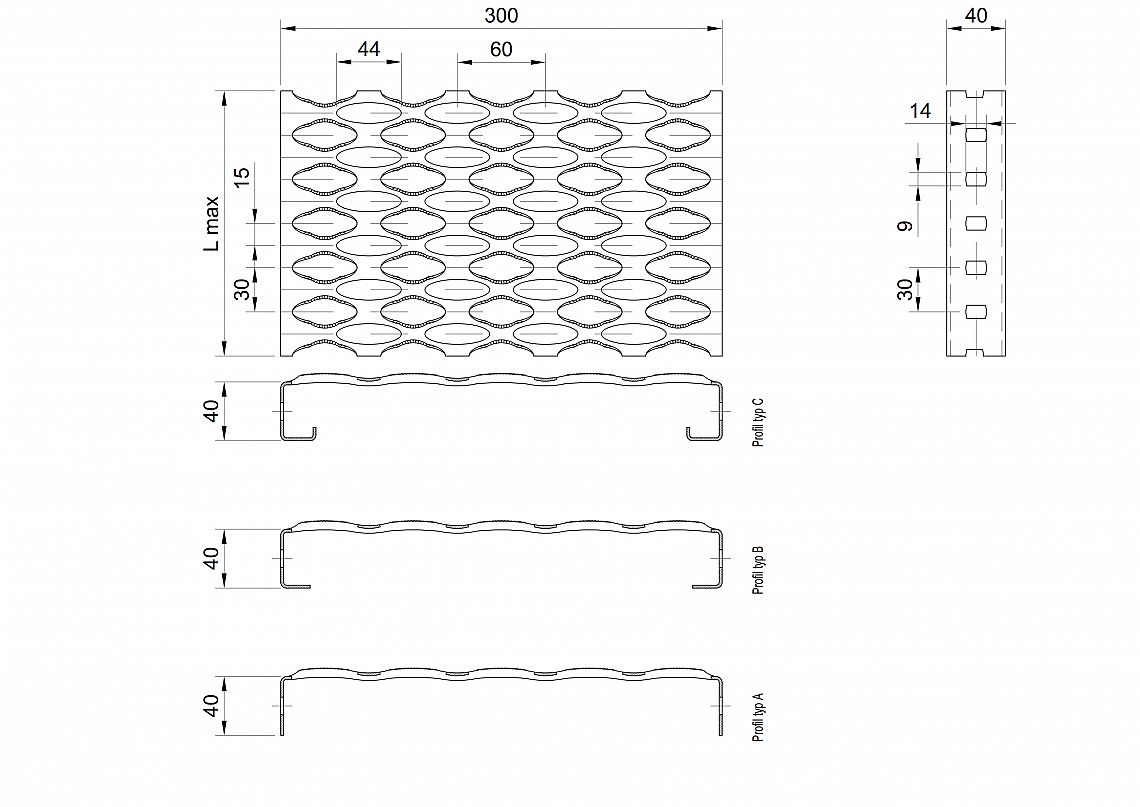 Profilové rošty PSE-300-40/2,5 - nerez V2A (1.4301)-mořená