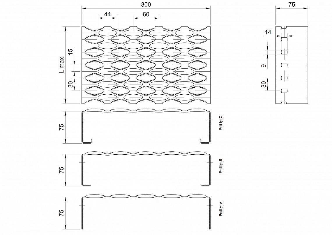 Profilové rošty PSE-300-75/1,5 - nerez V2A (1.4301)-mořená