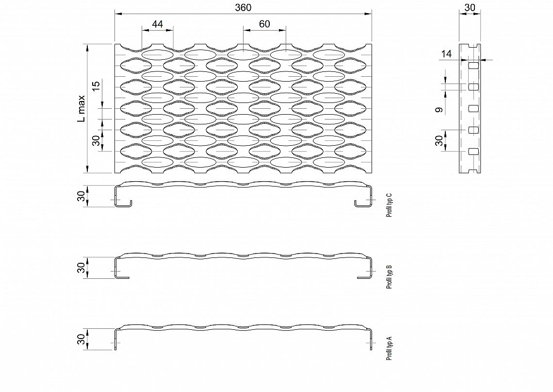 Profilové rošty PSE-360-30/2 - nerez V2A (1.4301)-mořená