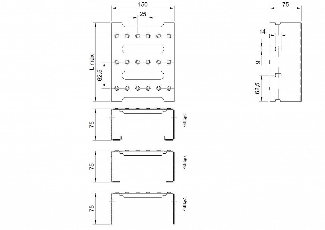 Profilové rošty PST-150-75/2 - nerez V2A (1.4301)-mořená