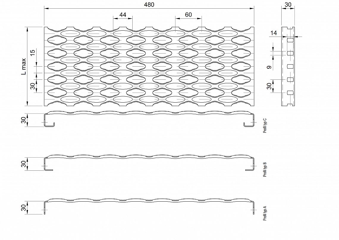 Profilové rošty PSE-480-30/2 - nerez V2A (1.4301)-mořená