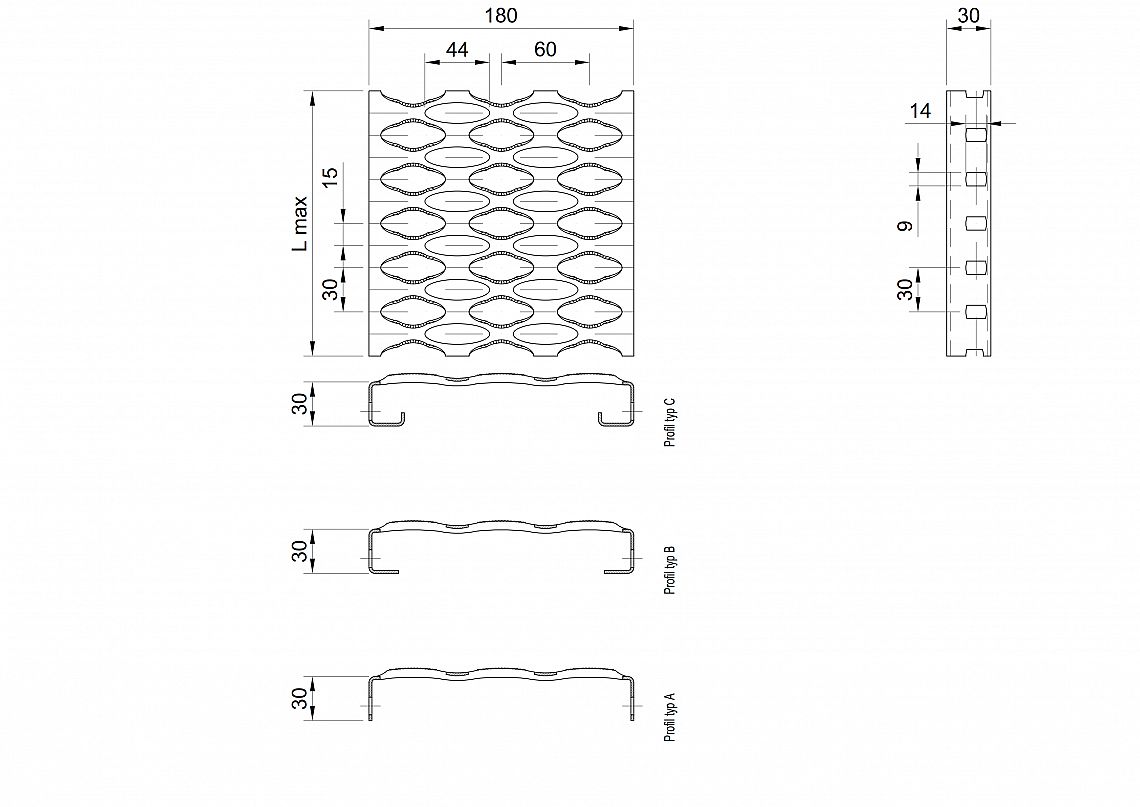 Profilové rošty PSE-180-30/2,5 - nerez V2A (1.4301)-mořená