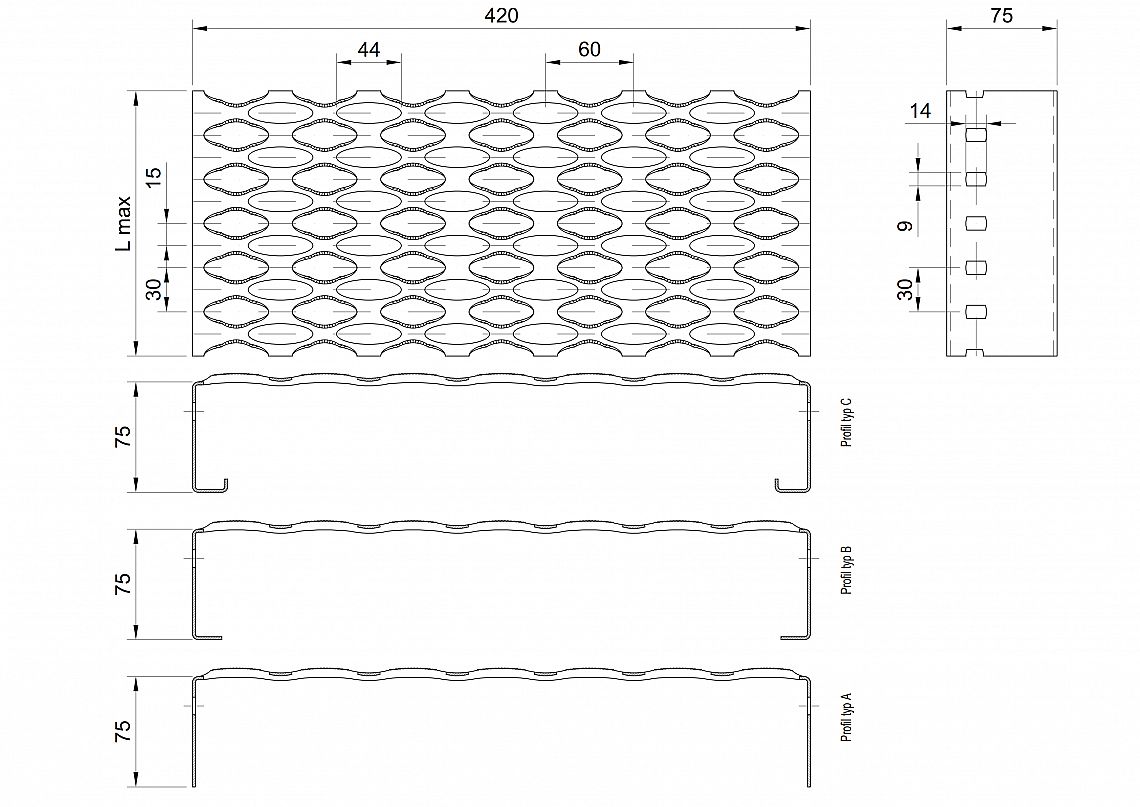 Profilové rošty PSE-420-75/2,5 - nerez V2A (1.4301)-mořená