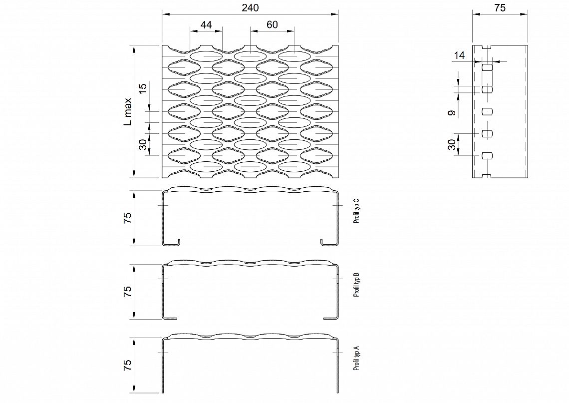 Profilové rošty PSE-240-75/2,5 - nerez V2A (1.4301)-mořená