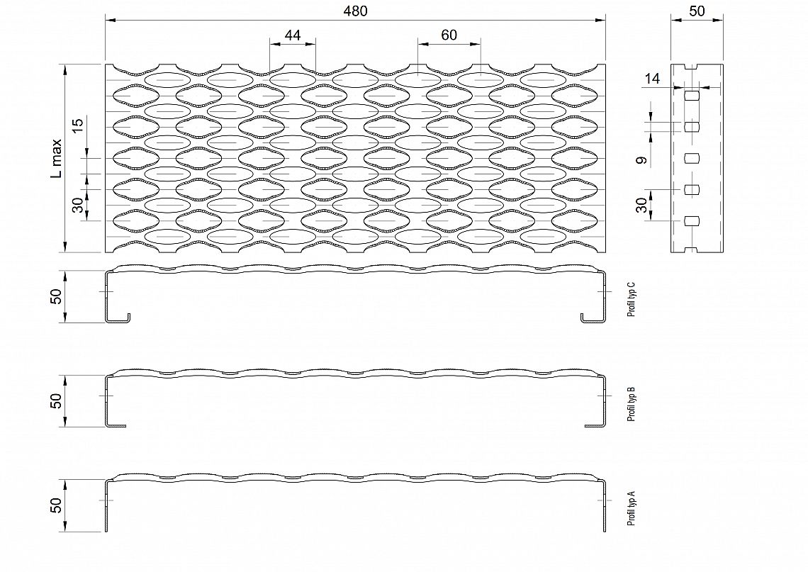 Profilové rošty PSE-480-50/1,5 - nerez V2A (1.4301)-mořená