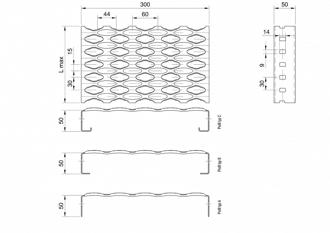 Profilové rošty PSE-300-50/2 - nerez V2A (1.4301)-mořená