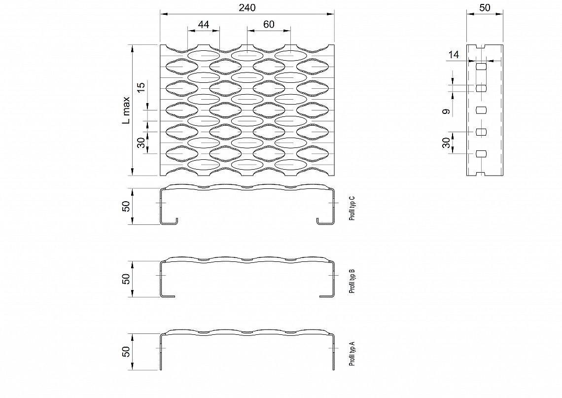 Profilové rošty PSE-240-50/2,5 - nerez V2A (1.4301)-mořená