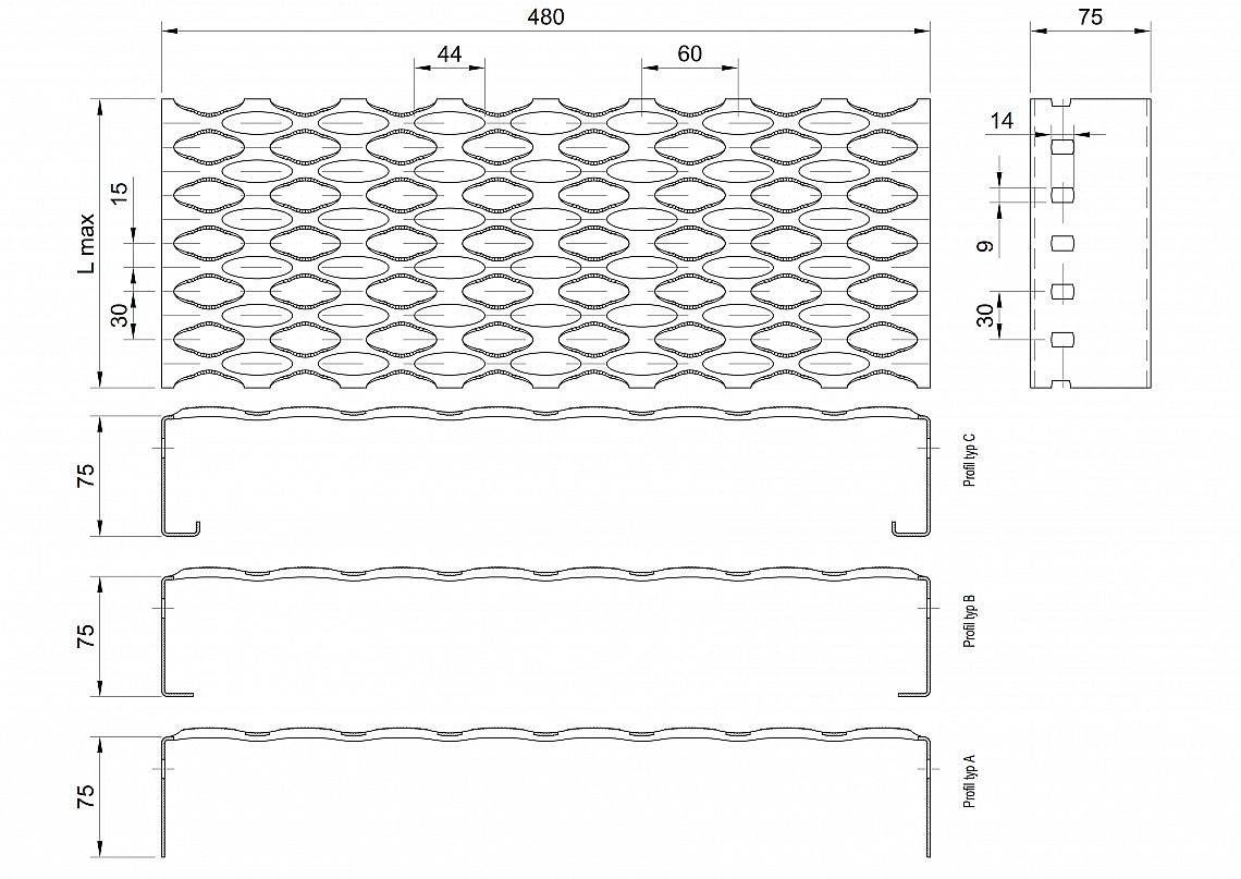 Profilové rošty PSE-480-75/2 - nerez V2A (1.4301)-mořená