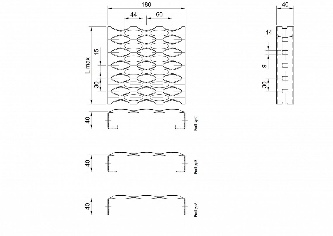 Profilové rošty PSE-180-40/1,5 - nerez V2A (1.4301)-mořená